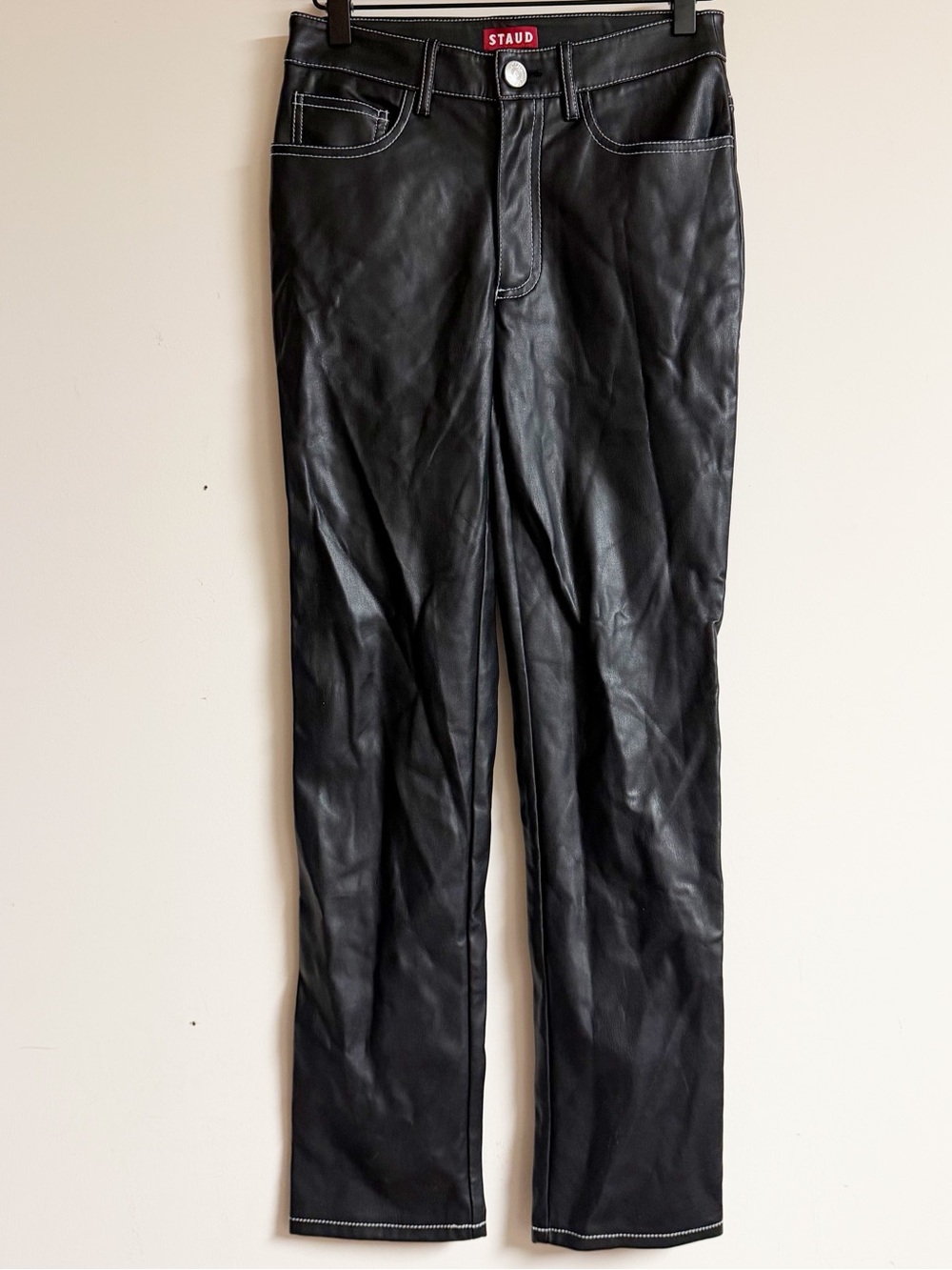 Staud Faux Leather Jeans w Contrast Stitching Size 0 - Picture 2 of 8
